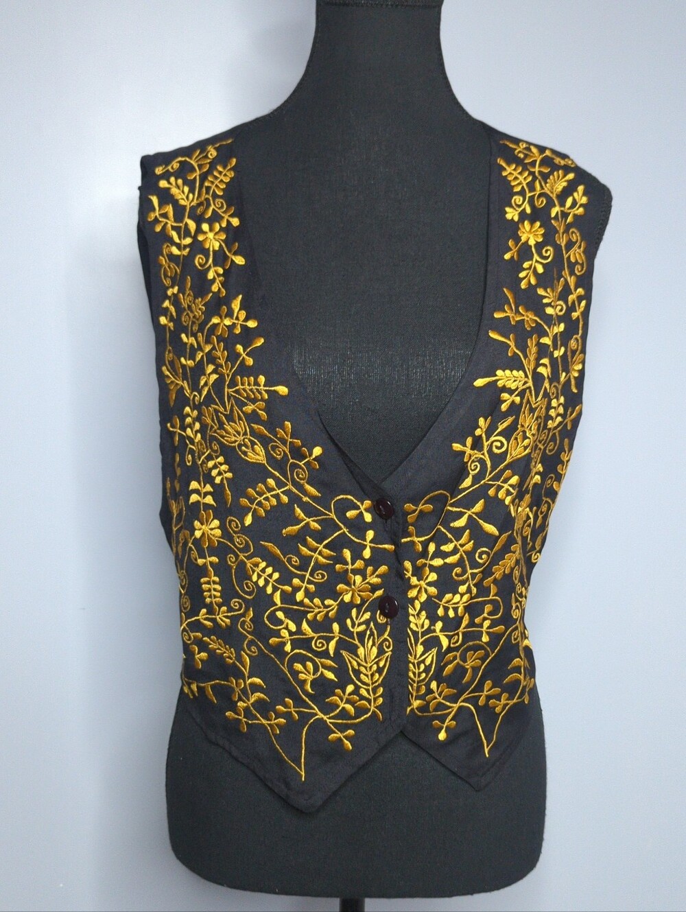 Vintage 90s Fashion Options Embroidered Vest Gold Floral Boho Made in India M